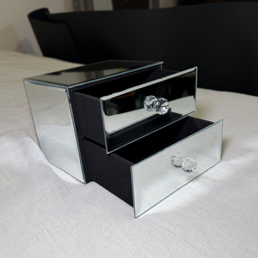 Mirrored 2 Drawer Jewelry Chest Box Crystal Knobs Velvet Vanity Organizer NEW